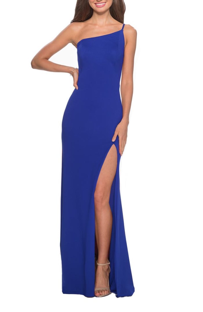 blue one-shoulder dress