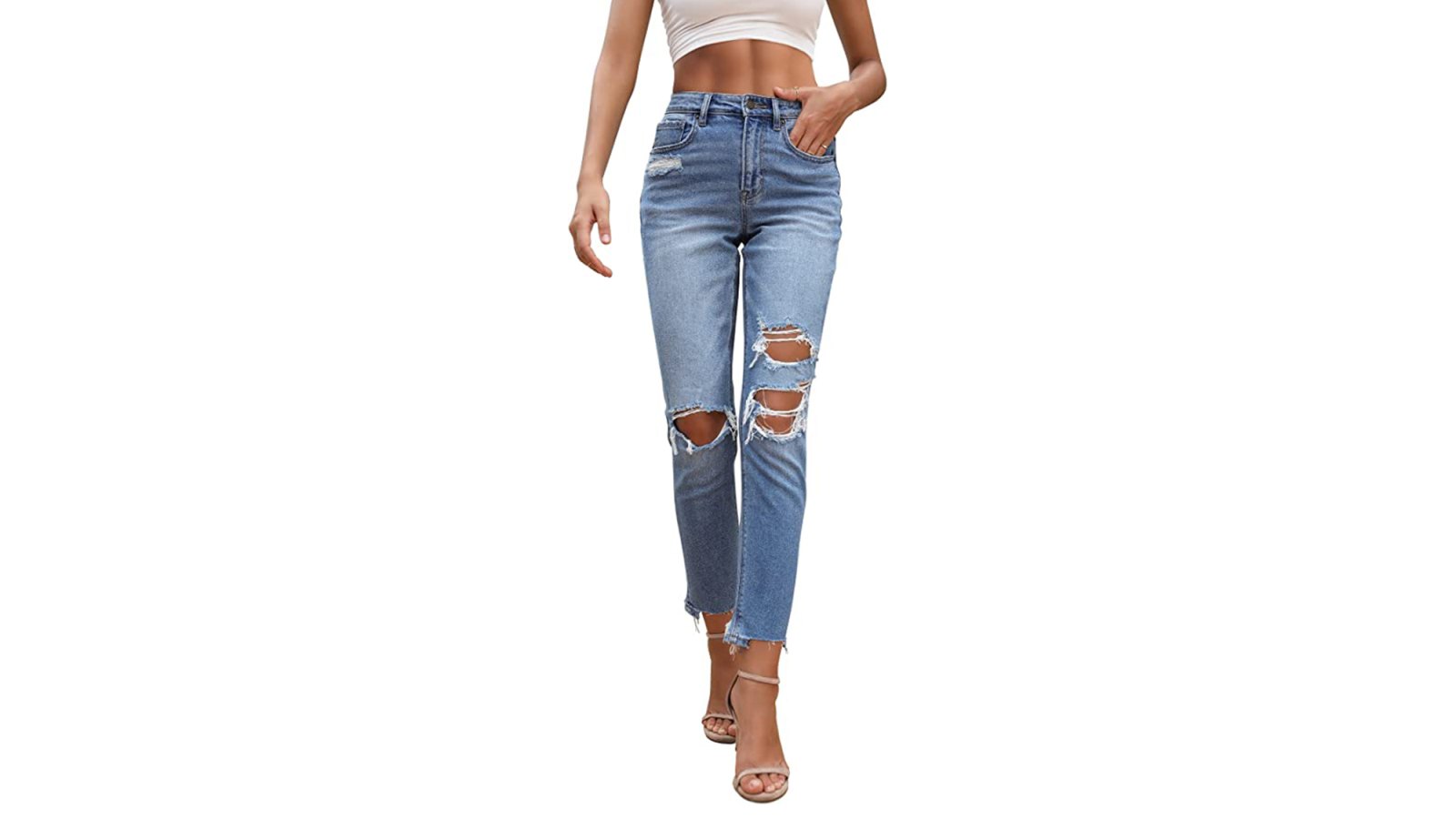 high-waisted ripped jeans