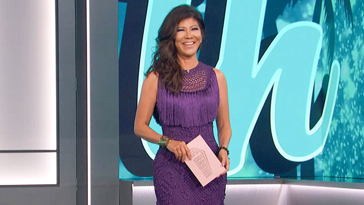 julie chen purple fringe dress Julie Chen Moonves Teases Past Players Voices in 'Big Brother 26' Promo May Be 'BBAI Generated'