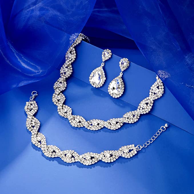 Charm Crystal Pearl Necklace Earrings Bracelet Wristband Wedding Jewelry Set 