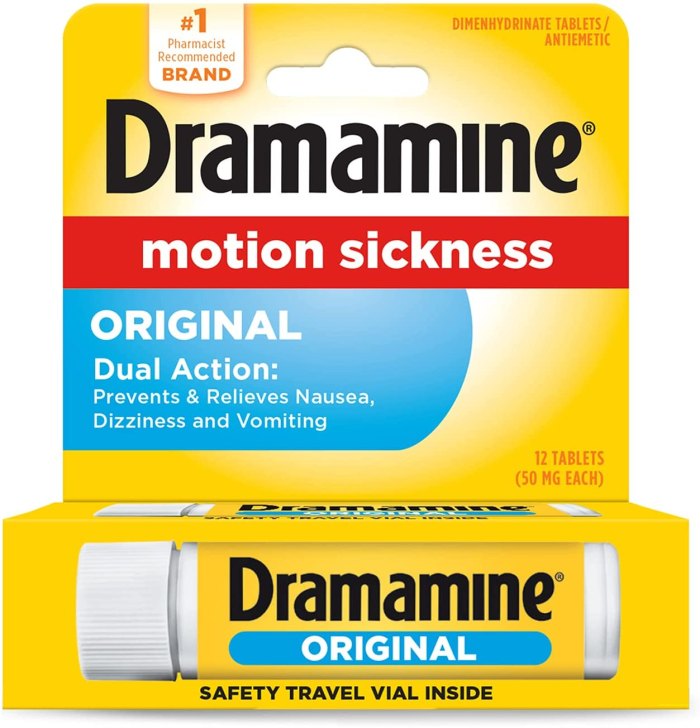 Dramamine travel bottle against motion sickness