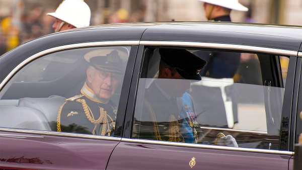 King Charles III Arrives With Princes William, Harry for Queen's Funeral