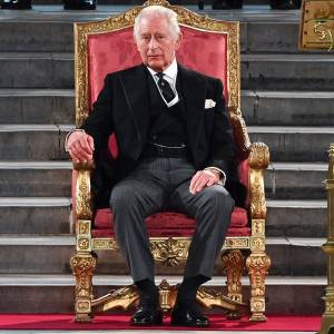 King Charles III and Camilla Queen Consort Sit on the Throne for the 1st Time During Parliament Address