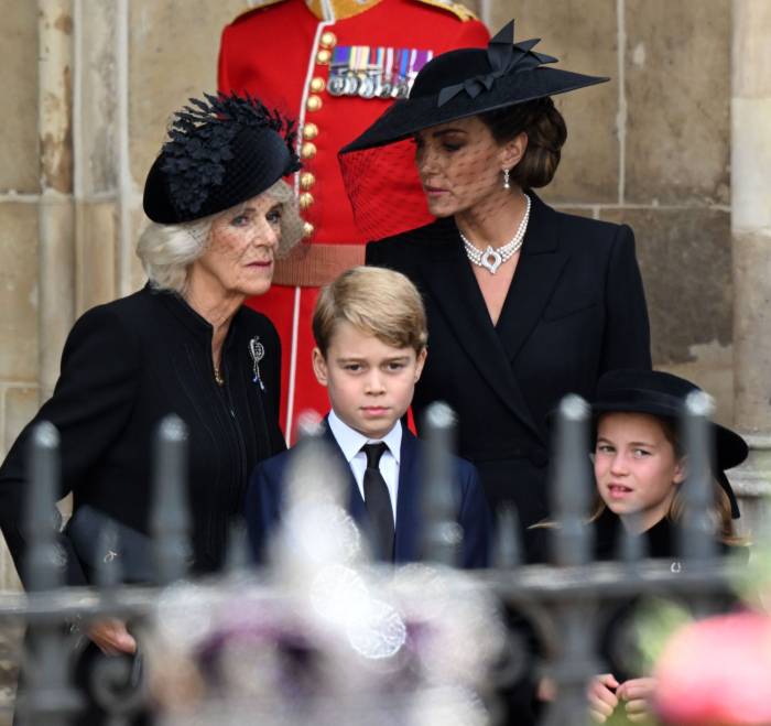 Prince George, Kate Middleton, Camilla Queen Consort, and Princess Charlotte