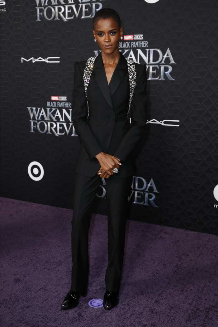 Letita Wright Honors Chadwick Boseman With Her Glittery Suit at Wakanda Premiere
