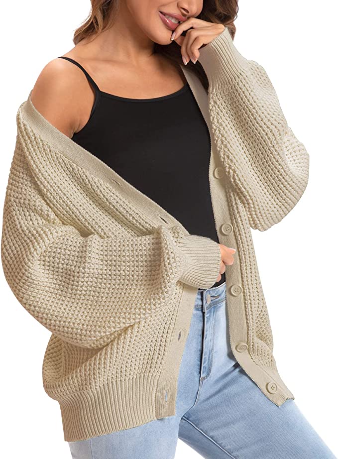 QUALFORT Women's Cotton Button-Down Oversized Knit Cardigan