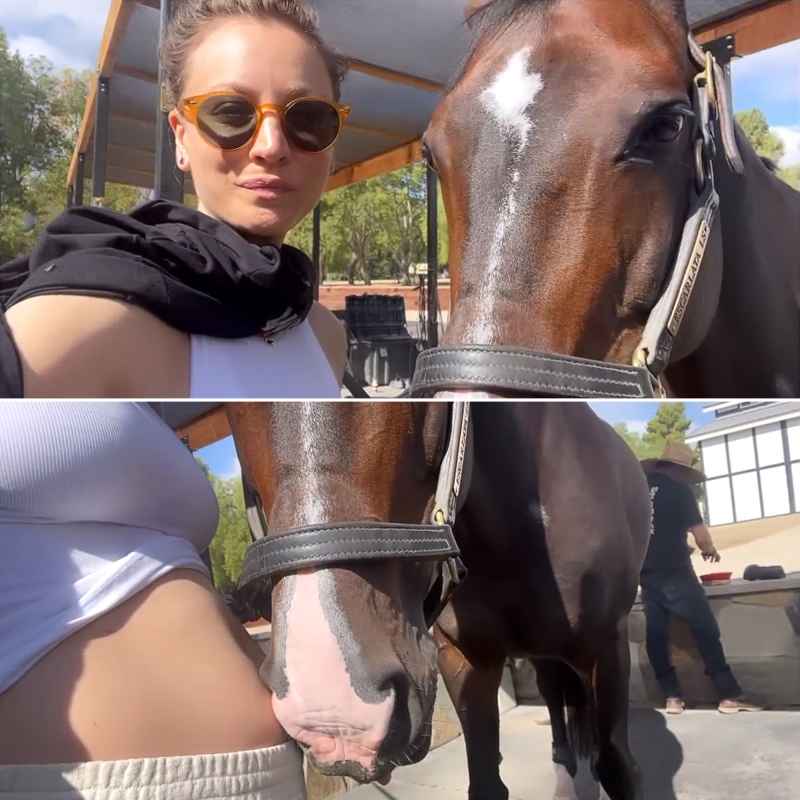 पड़ोसी!  गर्भवती केली क्यूको ने अपने बेबी बंप को एक पालतू घोड़े से मिलवाया