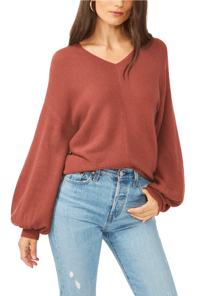 1.STATE Ribbed Balloon Sleeve Cotton Blend Sweater