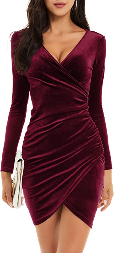 GUBERRY Women's Wrap Velvet Ruched Dress