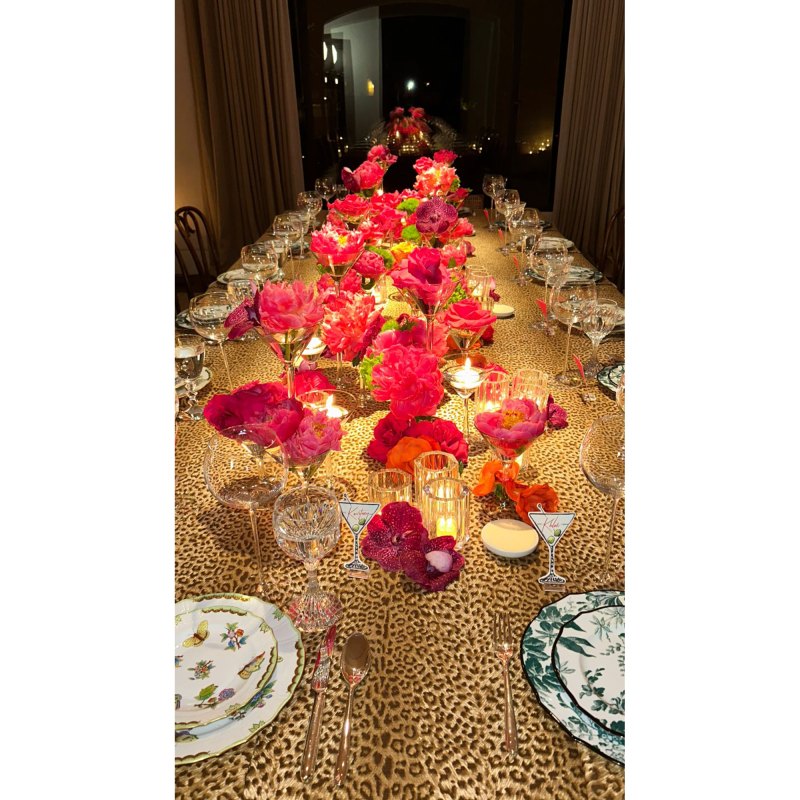 Table Setting with Roses and Leopard Print Kardashian-Jenner Sisters Hilariously Dress Up as Mom Kris Jenner at Birthday Celebration