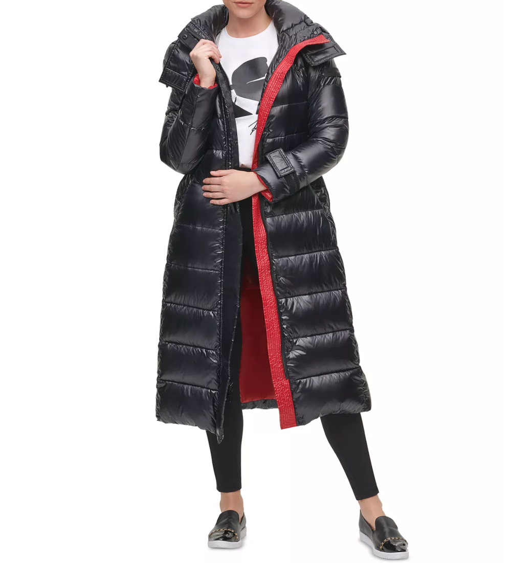 Karl Lagerfeld Paris Women's Belted Hooded Down Puffer Coat