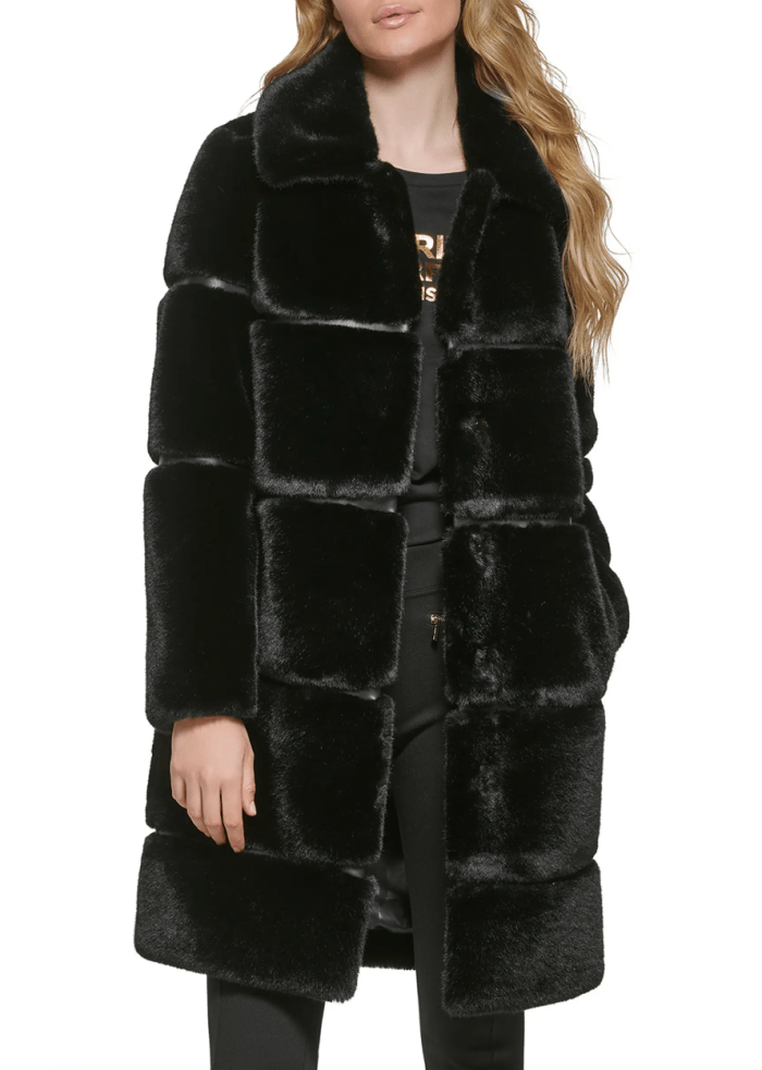Karl Lagerfeld Paris Quilted Longline Faux Fur Coat