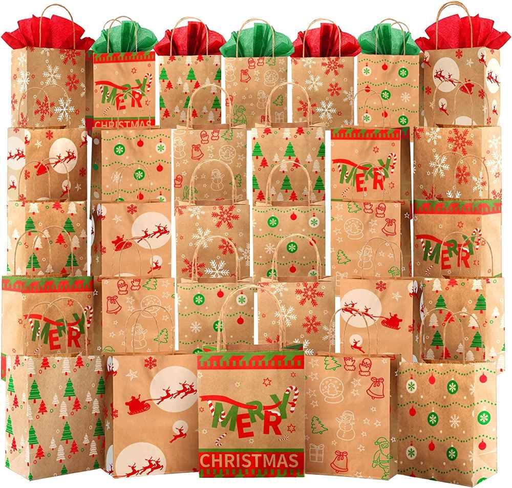 24 PCS Christmas Kraft Gift Bags with Tissue Paper, Christmas