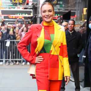 Lindsay Lohan Is a Vibrant Sight in Color Blocking Suit