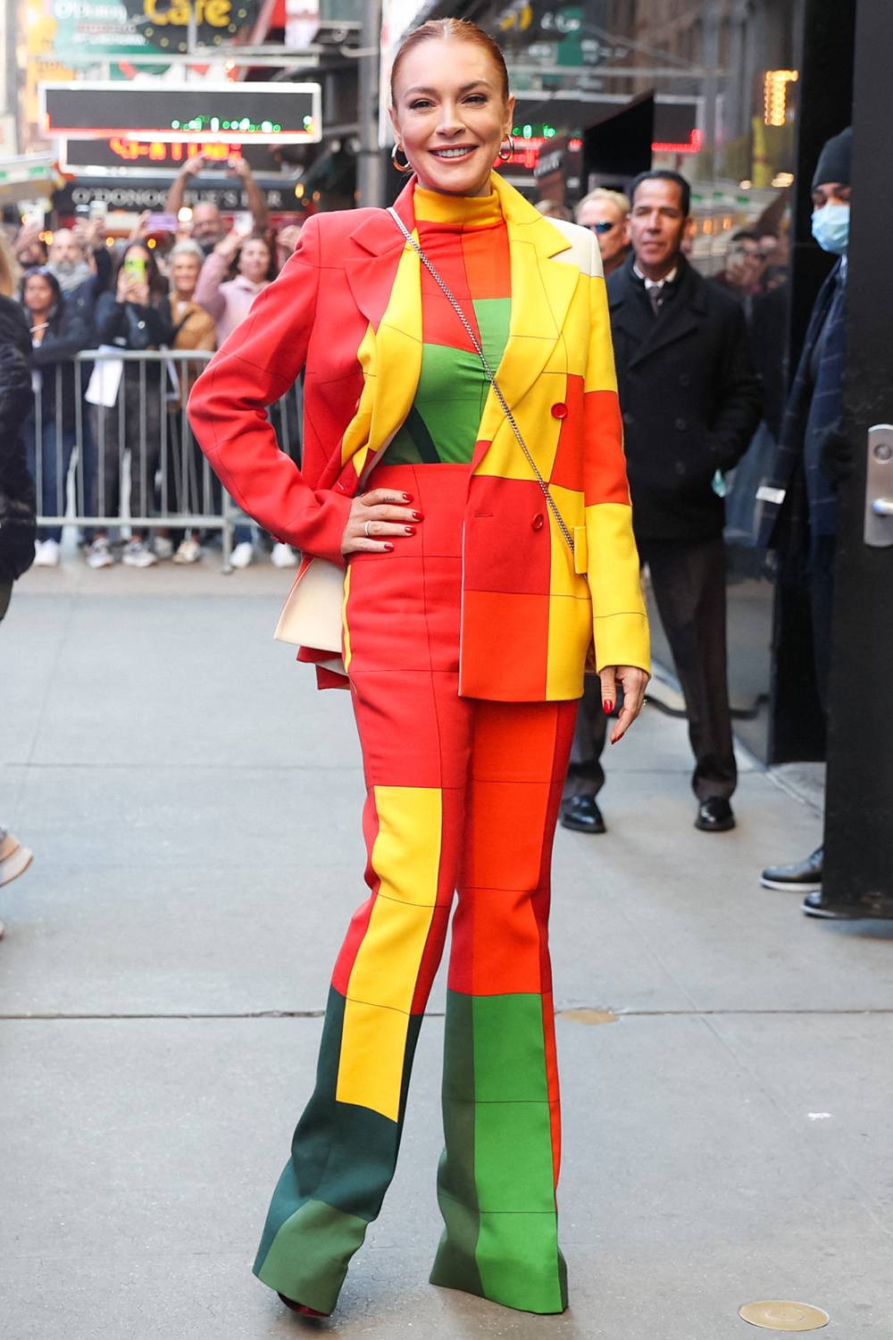 Lindsay Lohan Is a Vibrant Sight in Color Blocking Suit