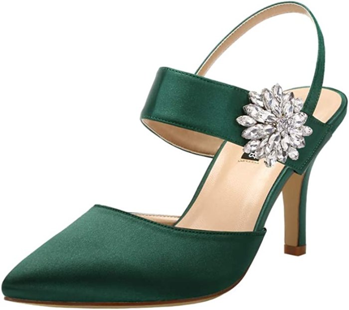 green brooch heels
