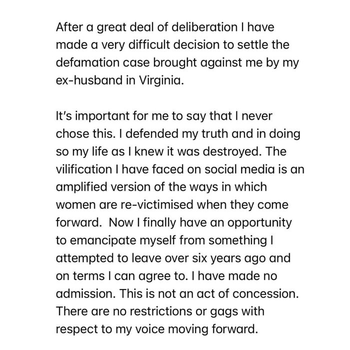 Amber Heard Settles Virginia Defamation Case Against Ex-Husband Johnny Depp: 'I Defended My Truth' instagram