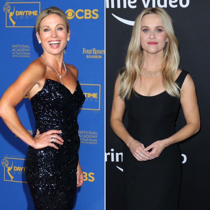 Amy Robach Jokes About Behind-the-Scenes 'GMA' Drama in Resurfaced Reese Witherspoon Clip midnight blue sparkle gown