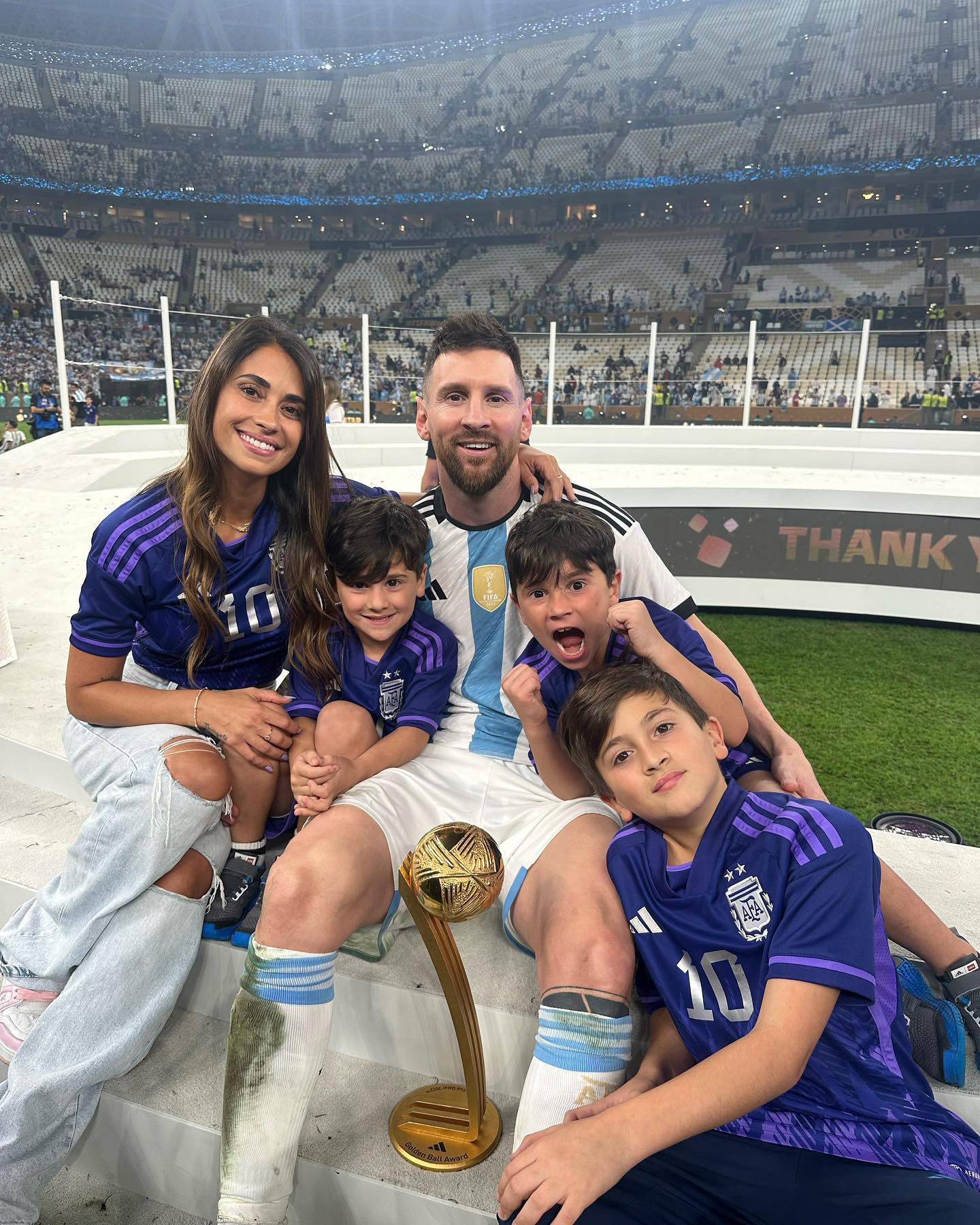 Lionel Messi Celebrates World Cup 2022 Win With Wife Antonela Roccuzzo and kids