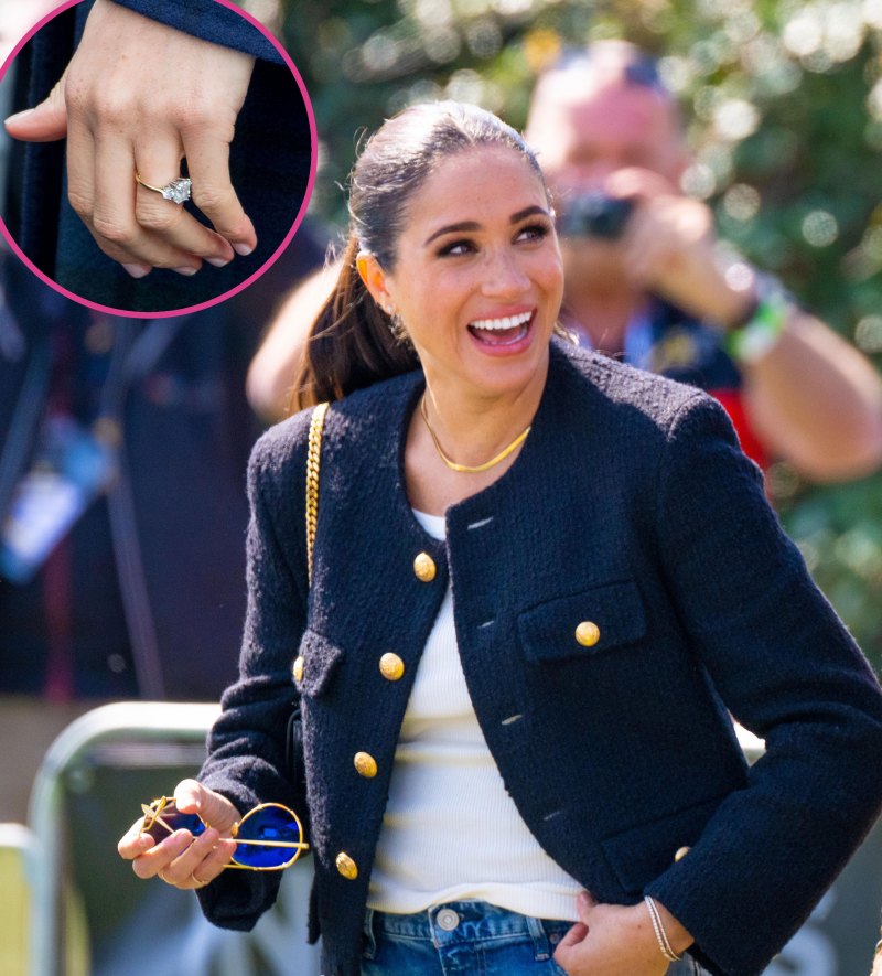 Meghan Markle's engagement ring. blue sunglasses