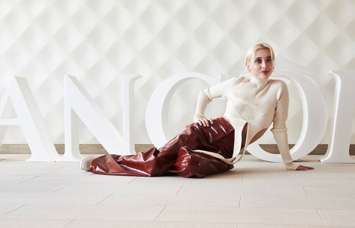 Emma Chamerlain New Face of Lancome red pleather pants