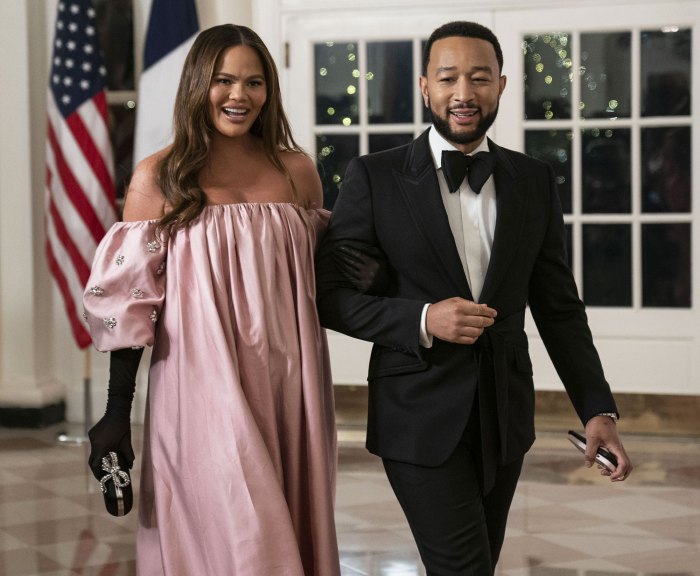 John Legend Reveals Showering With Wife Chrissy Teigen is the Secret to His Skincare Routine pink dress