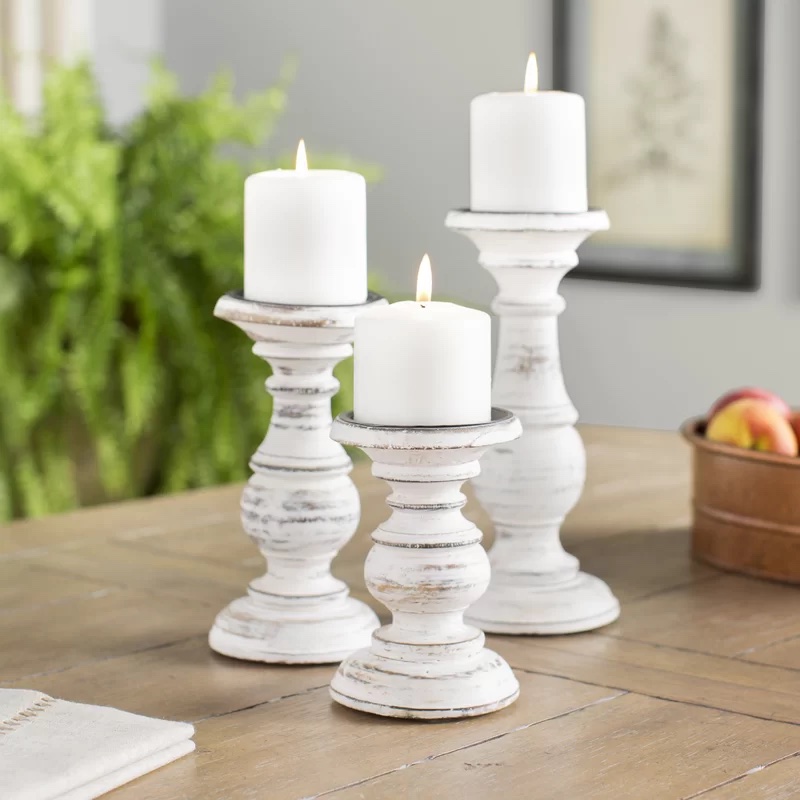 Laurel Foundry Modern Farmhouse® 3 Piece Wood Tabletop Candlestick Set