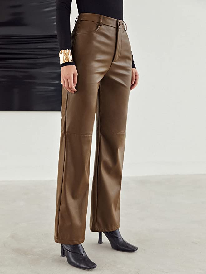 MakeMeChic Women's Faux Leather Pants Straight Wide Leg Leather Pants