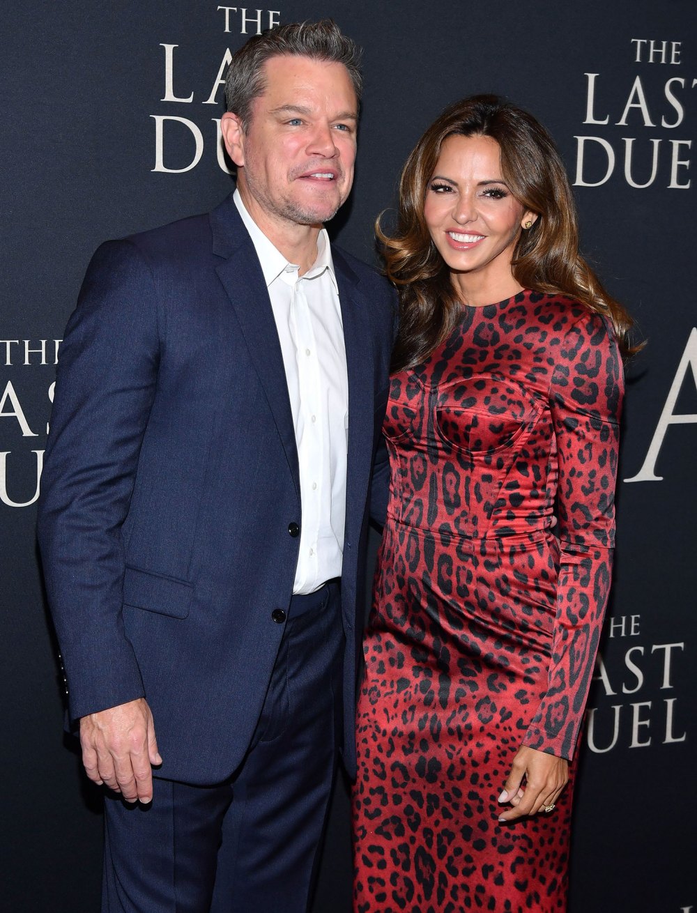 Matt Damon and Luciana Barroso's Relationship Timeline 2022 red cheeta print dress