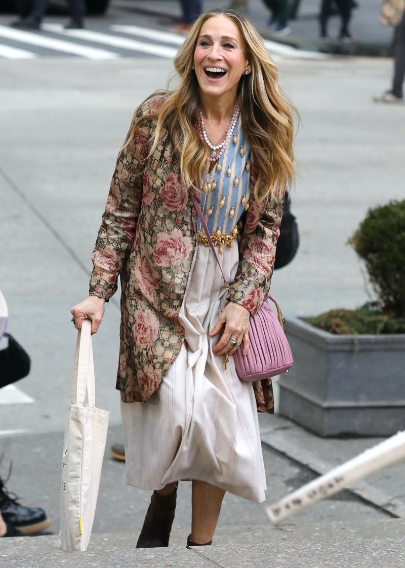 Sarah Jessica Parker laughing on set Filming Of 'And Just Like That...' In New York City