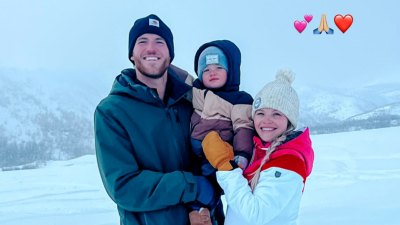 Snow bunnies!  Pregnant Witney Carson hits the slopes with husband Carson, son