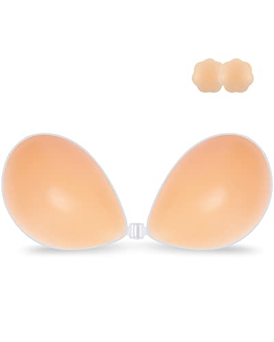 Niidor Adhesive Bra Strapless Sticky Invisible Push up Silicone Bra for Backless Dress with Nipple Covers Creme