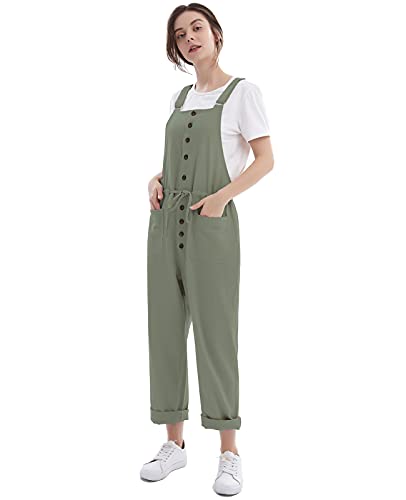 Women's Solid Loose Cotton Linen Jumpsuit Casual Overalls Baggy Pants Jumper Rompers Army Green Medium