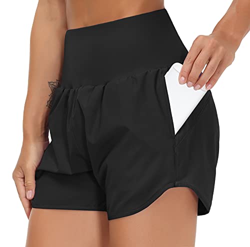 THE GYM PEOPLE Women’s High Waist Running Shorts with Liner Athletic Hiking Workout Shorts Zip Pockets (Black, Small)