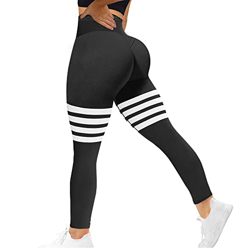 MOHUACHI Butt Lifting Workout Leggings for Women, Scrunch Butt Gym Seamless Booty Tight, High Waisted Yoga Pants ((#9) Stripe Black, Small)