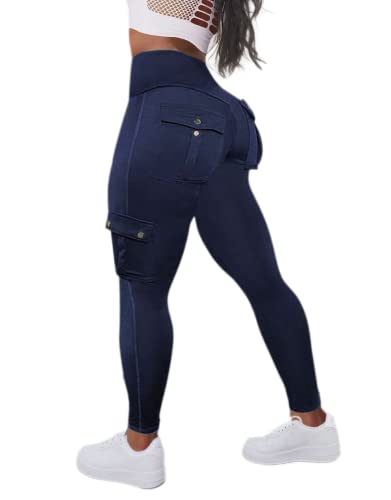 Flamingals Butt Lifting Leggings with Flap Pockets Workout Cargo Leggings for Women Dark Blue S