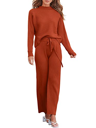 ANRABESS Women's 2 Piece Sweater Lounge Set Creneck Long Sleeve Ribbed Knit Pullover Crop Top and Straight Pants 582shenxiuhong-M Rust