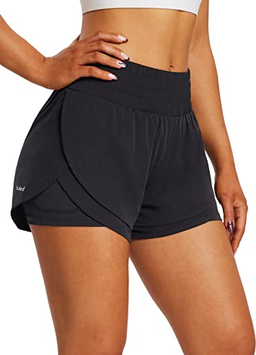 BALEAF Women's 3" Running Shorts 2 in 1 Workout Athletic High Waisted Shorts Pockets with Liner Black XS