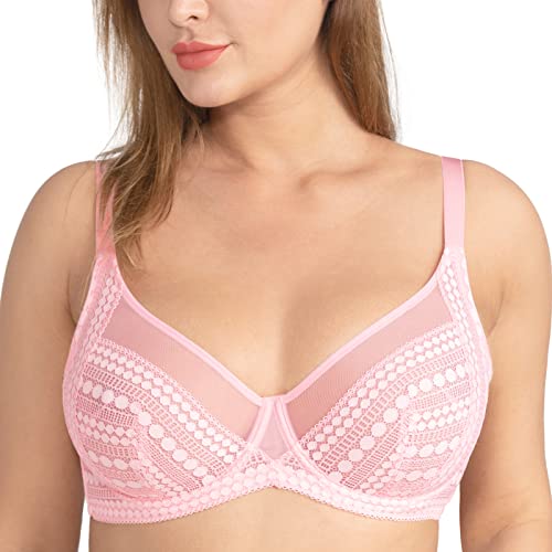 HSIA Lace Minimizer Bras for Women Full Coverage Unlined Underwire Minimizing Plunge Bra Pink