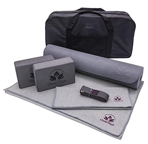 Yoga Gift For Women and Men - Mat Set Gray Kit 7PC - 6mm Large Yoga Mat, Yoga Mat Towel, 2 Yoga Blocks, Yoga Strap, Yoga Hand Towel with a Bag for Storage and Carrying - Great for Home or Travel