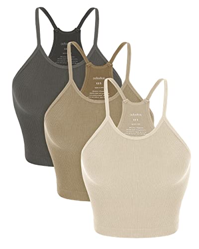ODODOS Women's Crop 3-Pack Washed Super Soft Lightweight Rib-Knit Camisole Crop Tank Tops, Mushroom Taupe Charcoal, X-Large/XX-Large