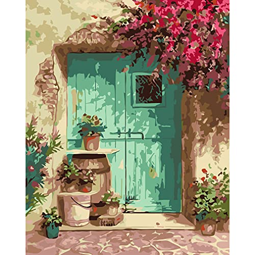 Paint by Numbers for Adults,eniref Paint by Numbers for Adults Beginner Blue Door with Flower , Acrylic Paint Adults' Paint-by-Number Kits Home Decor 16X20Inch