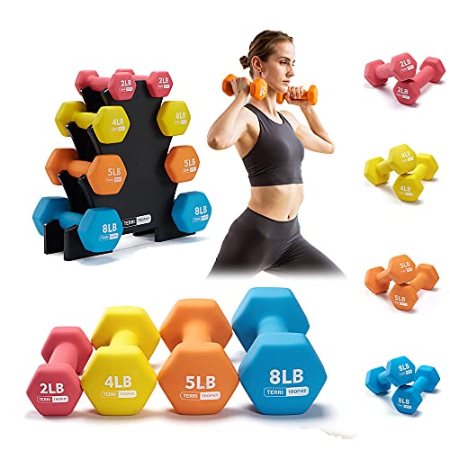 TerriTrophy 4 Tiers 38Lbs Weights Dumbbells Sets with Rack, 4 Pairs 2/4/5/8Lbs Neoprene Coated Dumbbell Set with Stand,Free Weights Dumbbells Set for Home Gym For Woman Men