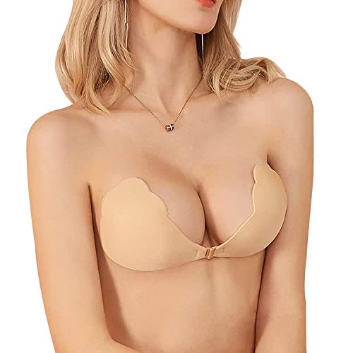 BraCuup Adhesive Bra Sticky Invisible Seamless Push up Silicone Backless Bra for Women - Cupsize B, Nude