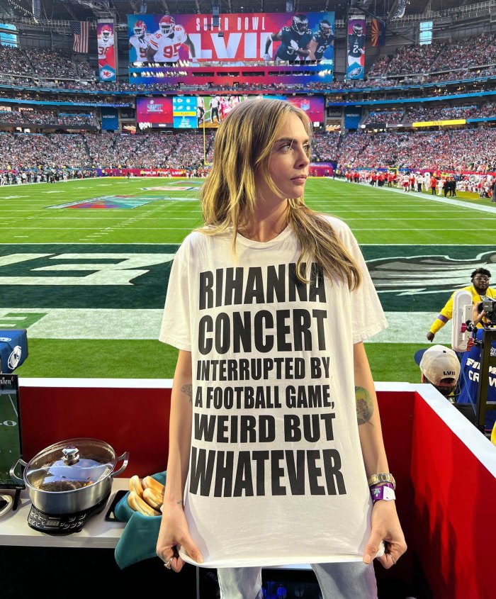 Cara D Wears Team Rihanna Shirt at Super Bowl football field