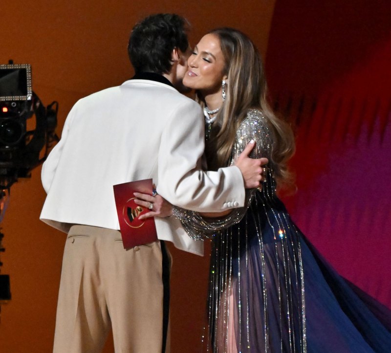 Jennifer Lopez Attends the 2023 Grammys In a Blue Gucci Gown With Ben Affleck by Her Side harry styles hug