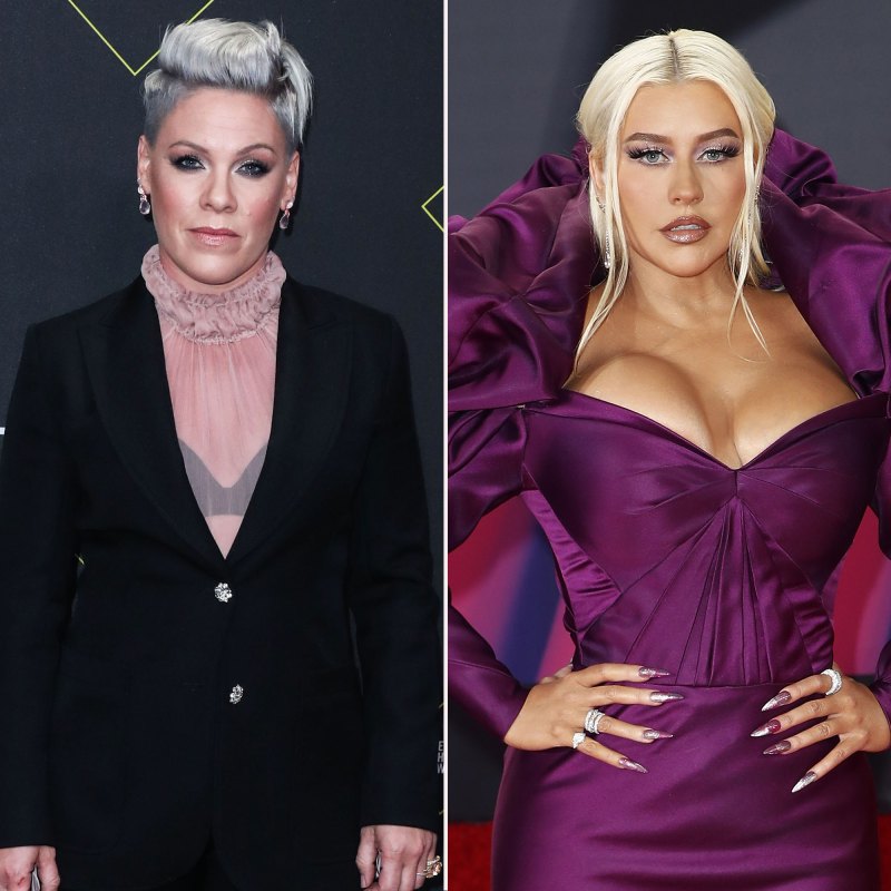 Pink and Christina Aguilera’s Friendship Ups and Downs Over the Years purple dress