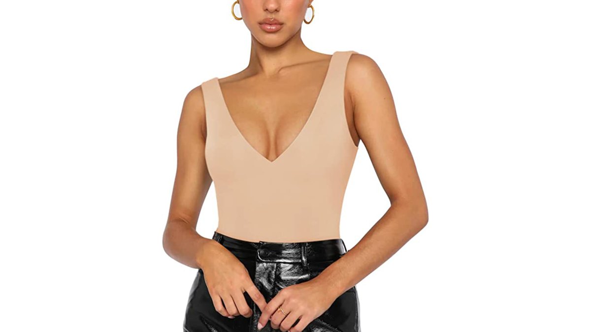 REORIA Women's Plunge Deep V-Neck Thong Bodysuit