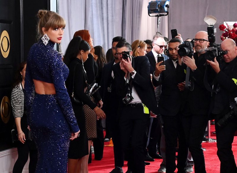 Taylor Swift Stuns on the 2023 Grammys Red Carpet In a Sparkling, Midnight Blue Dress After Winning Best Music Video -421