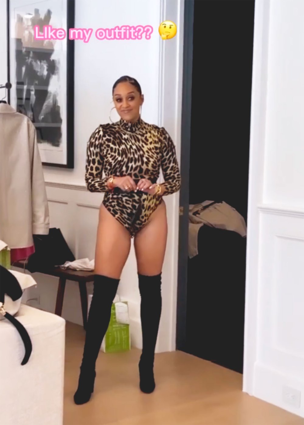 Tia Mowry’s son poking fun at her outfit leopard leotard